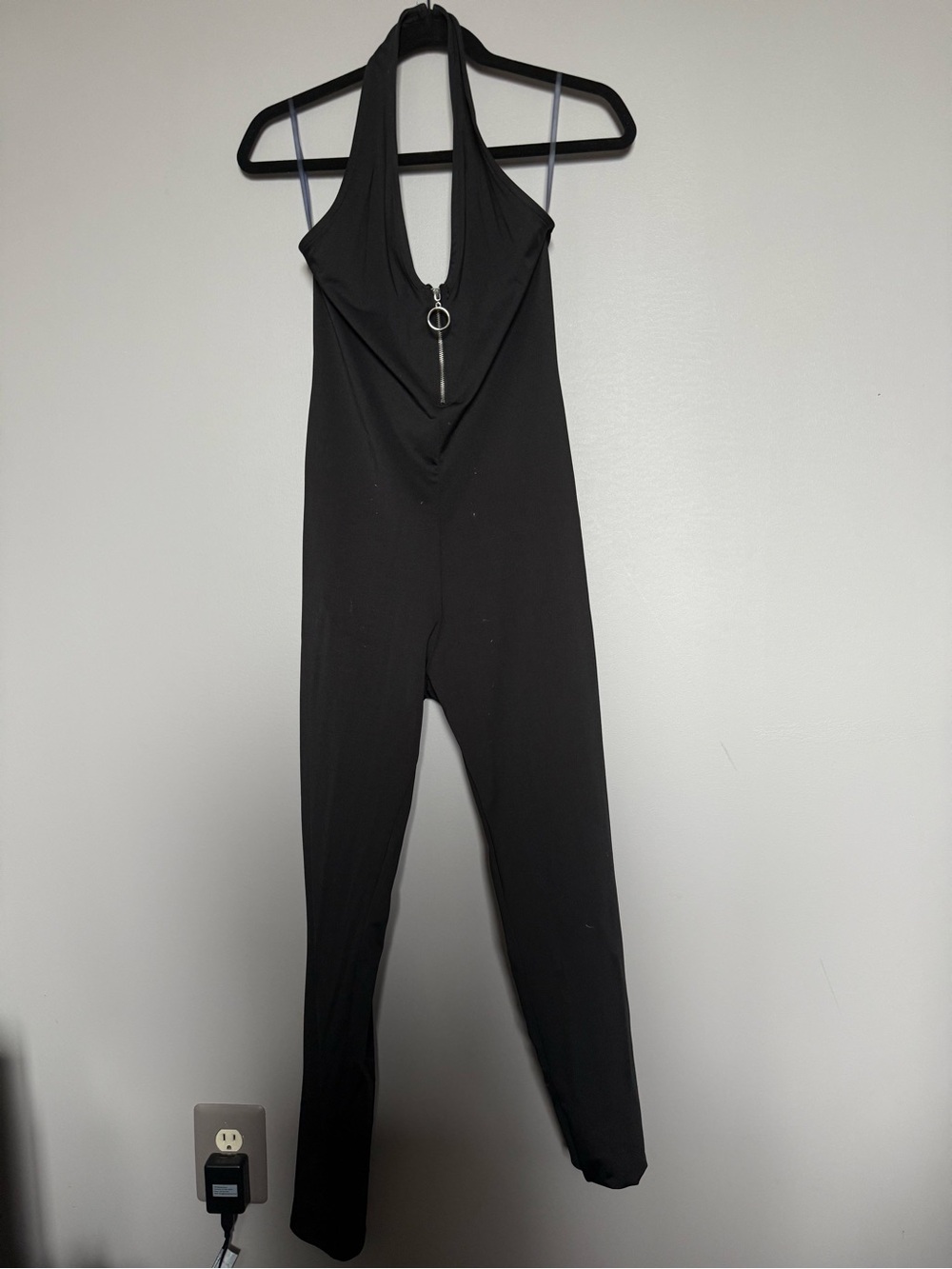 Pink Owl Black Halter Jumpsuit with Front Ring Zip